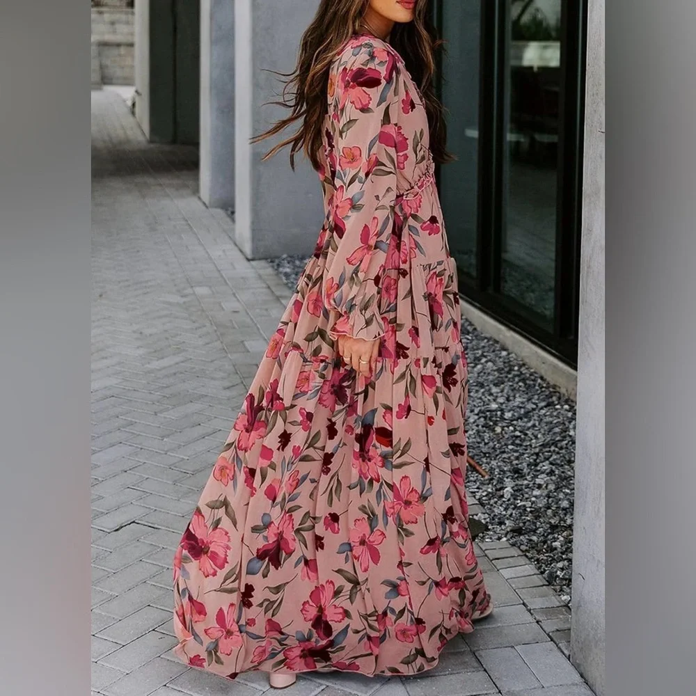 Floral V-neck Floral Long Sleeve Dress - Picture 3 of 9